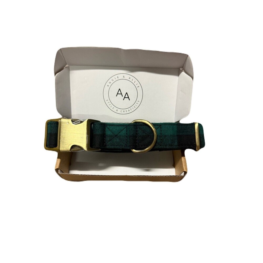 Angie & Allie Dog Collar Large Green Black Plaid Brass Buckle D-Ring w/ Box